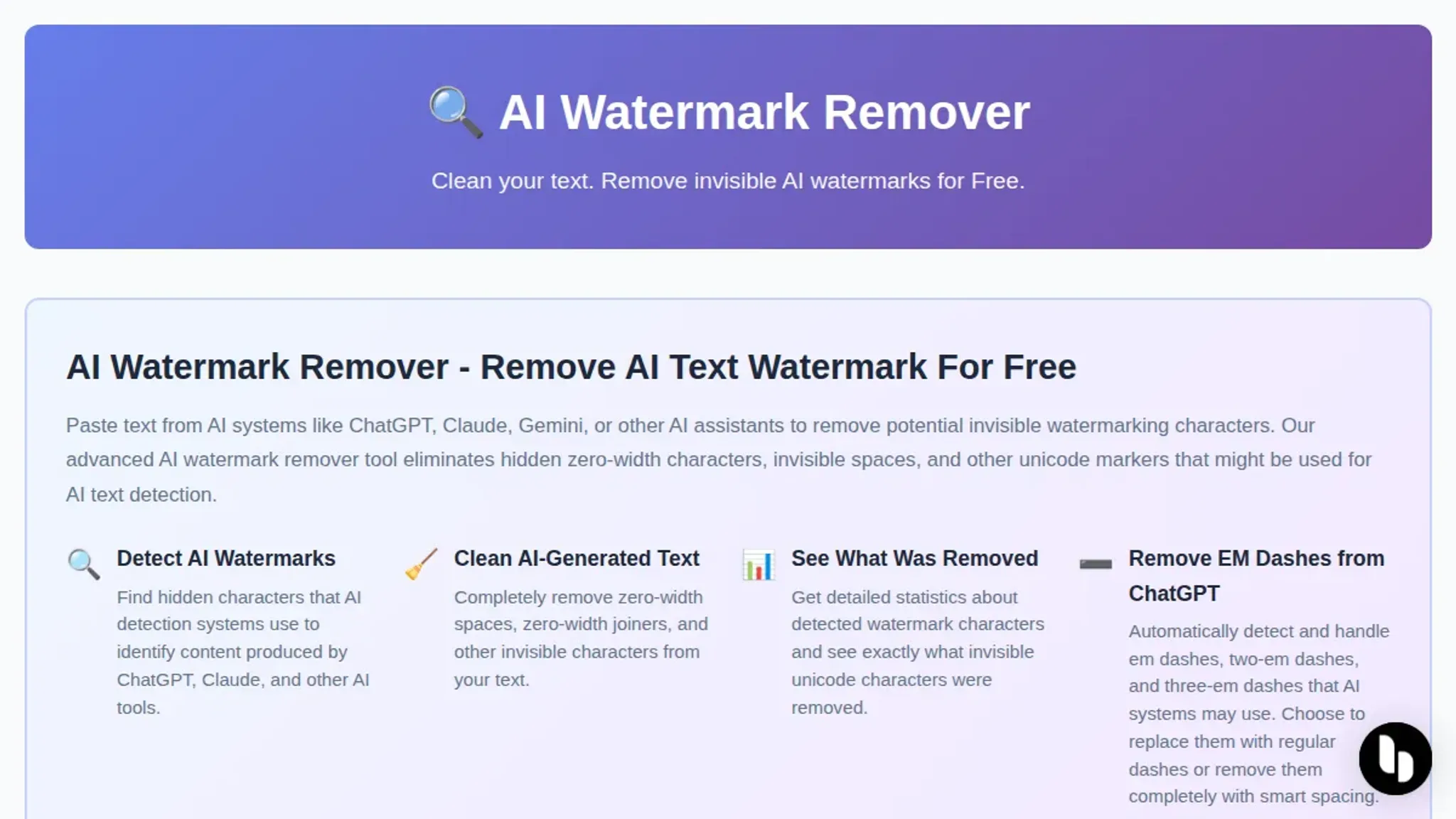 Screenshot of the AI Watermark Remover homepage, captured August 2026