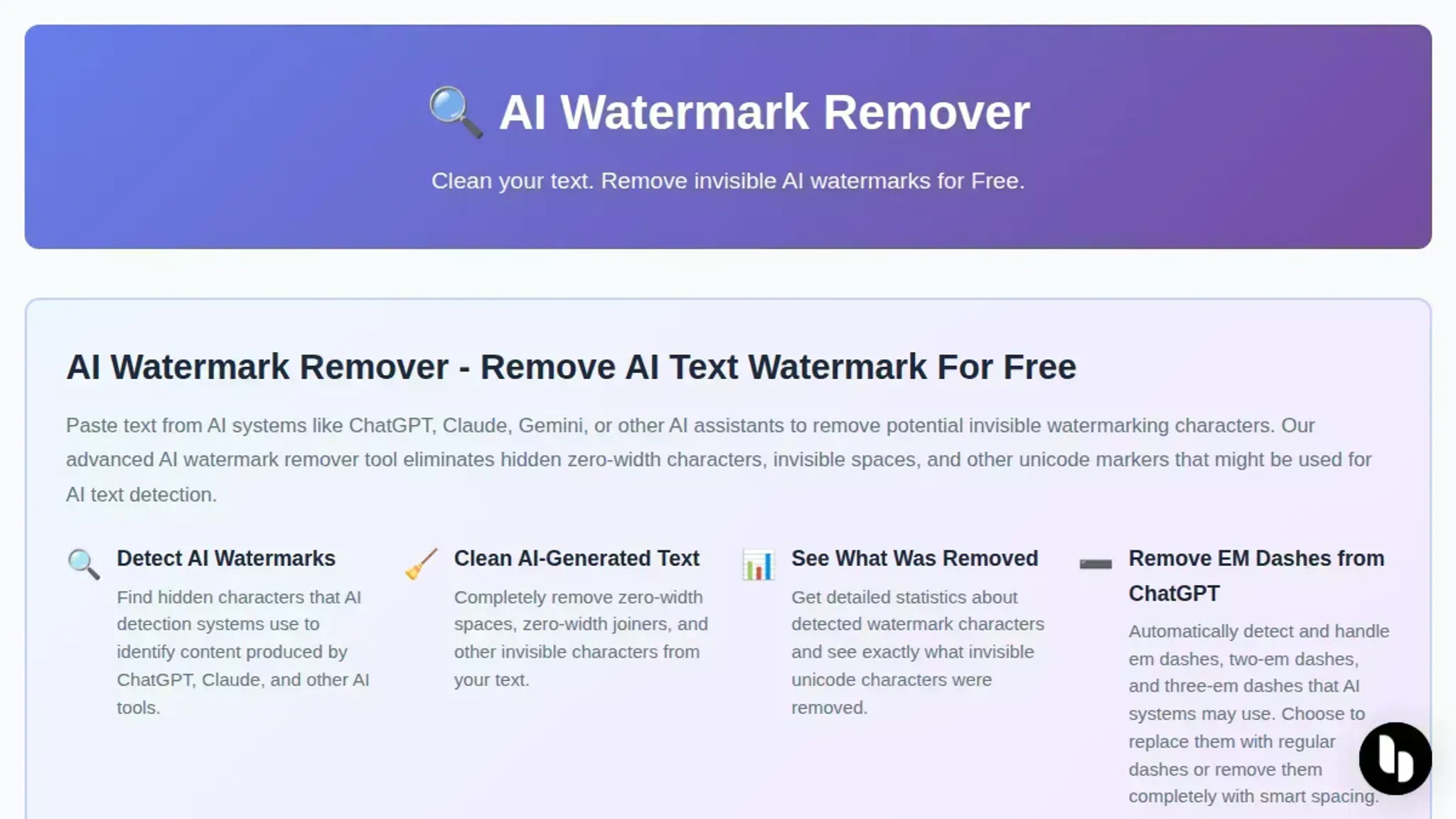 Screenshot of the AI Watermark Remover homepage, captured August 2026
