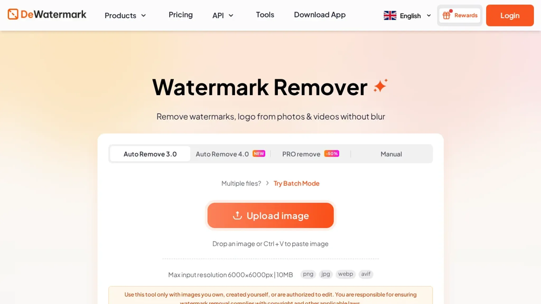 Screenshot of the DeWatermark AI homepage, captured August 2026