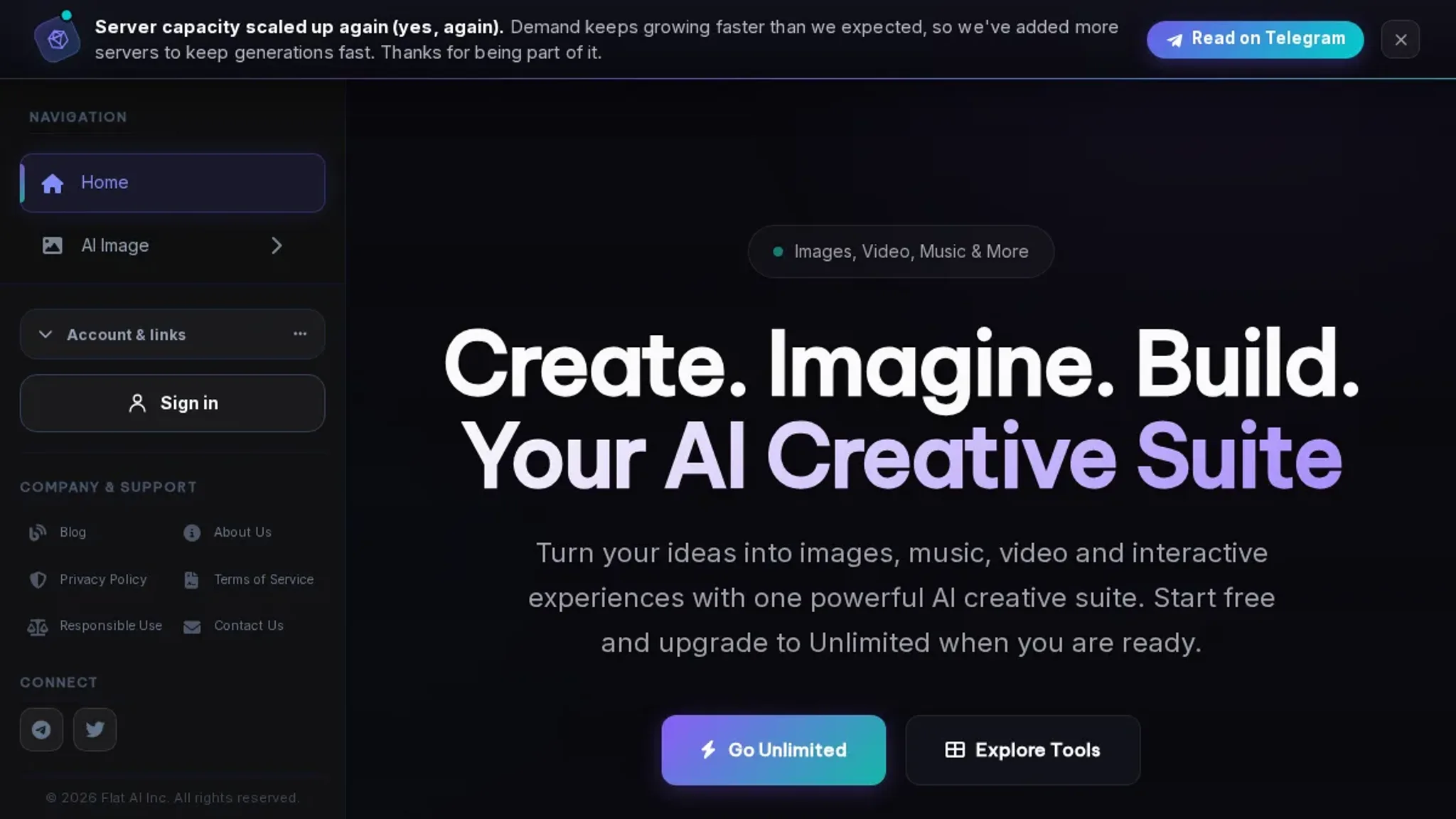 Screenshot of the Flat AI homepage, captured August 2026