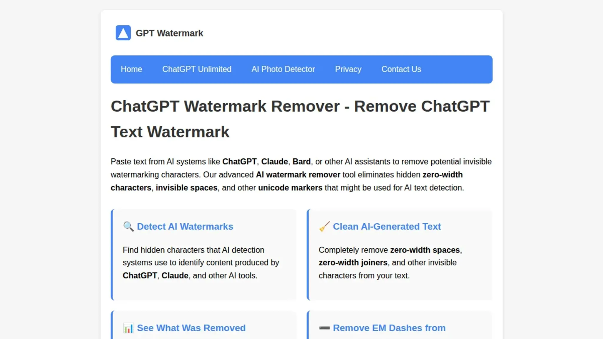 Screenshot of the Gptwatermark homepage, captured August 2026