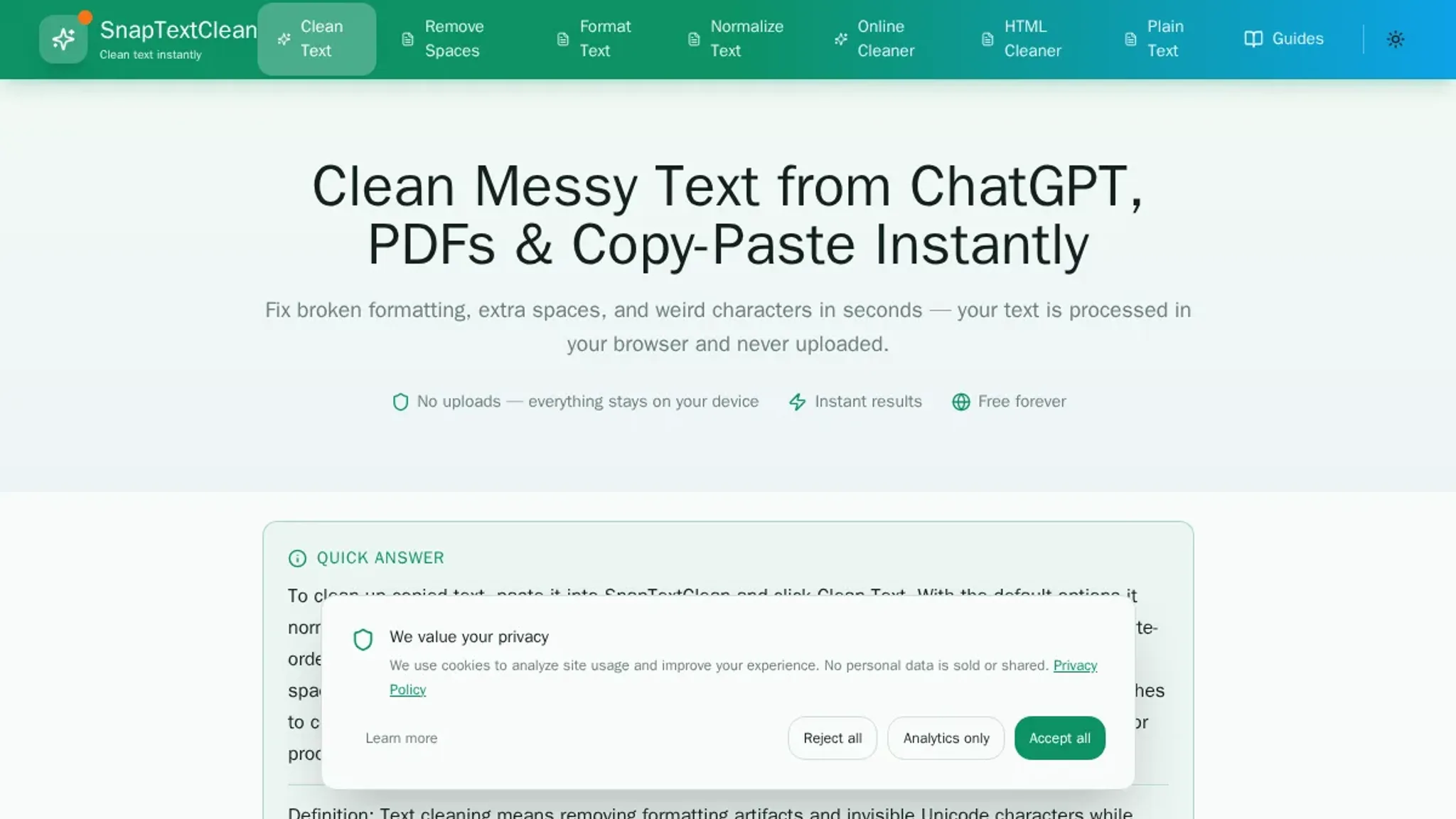 Screenshot of the SnapTextClean homepage, captured August 2026