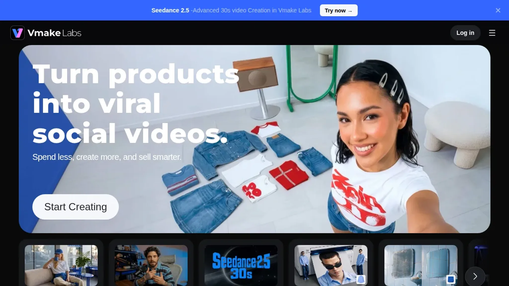 Screenshot of the Vmake homepage, captured August 2026