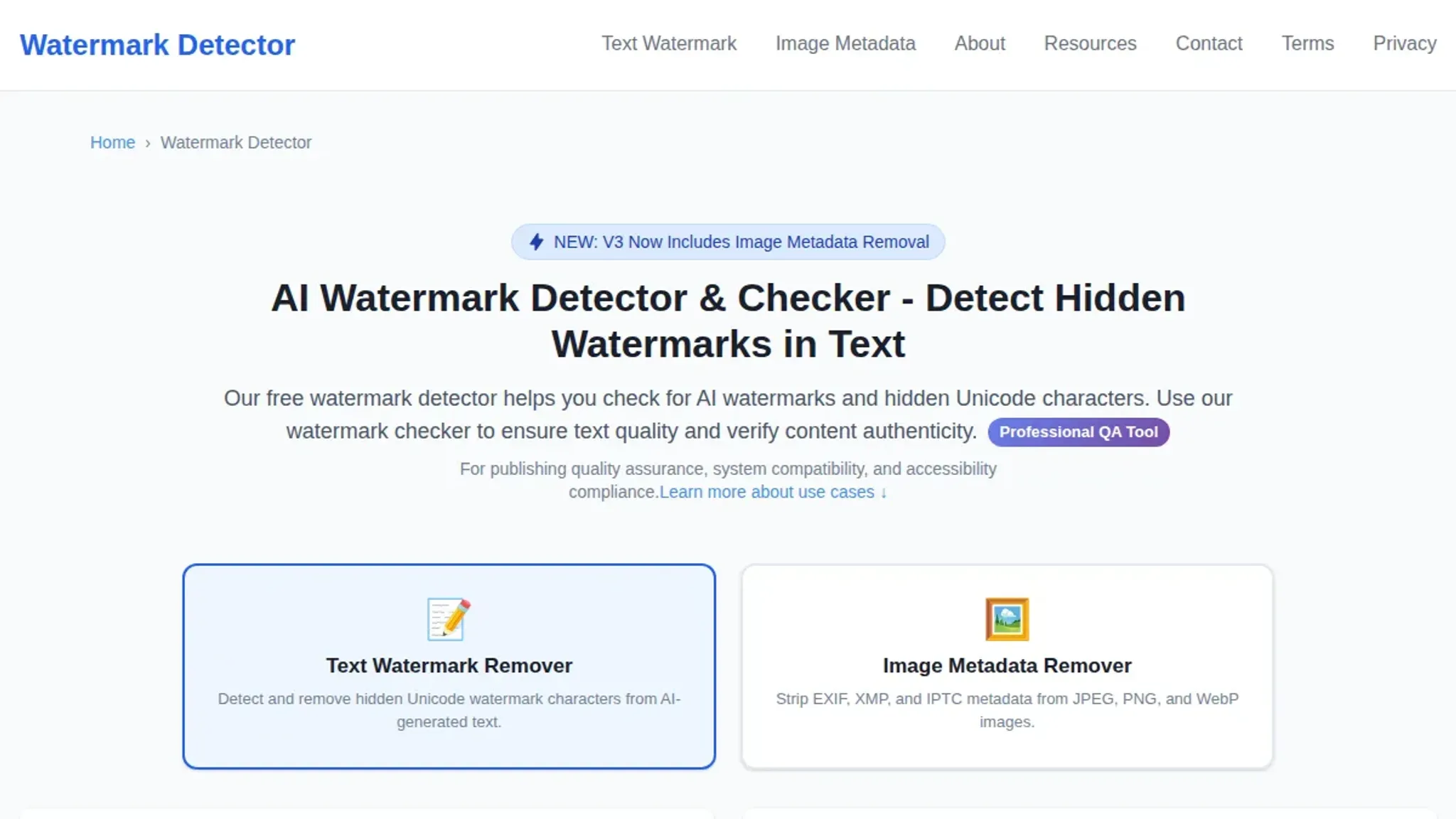 Screenshot of the Watermarkdetector homepage, captured August 2026