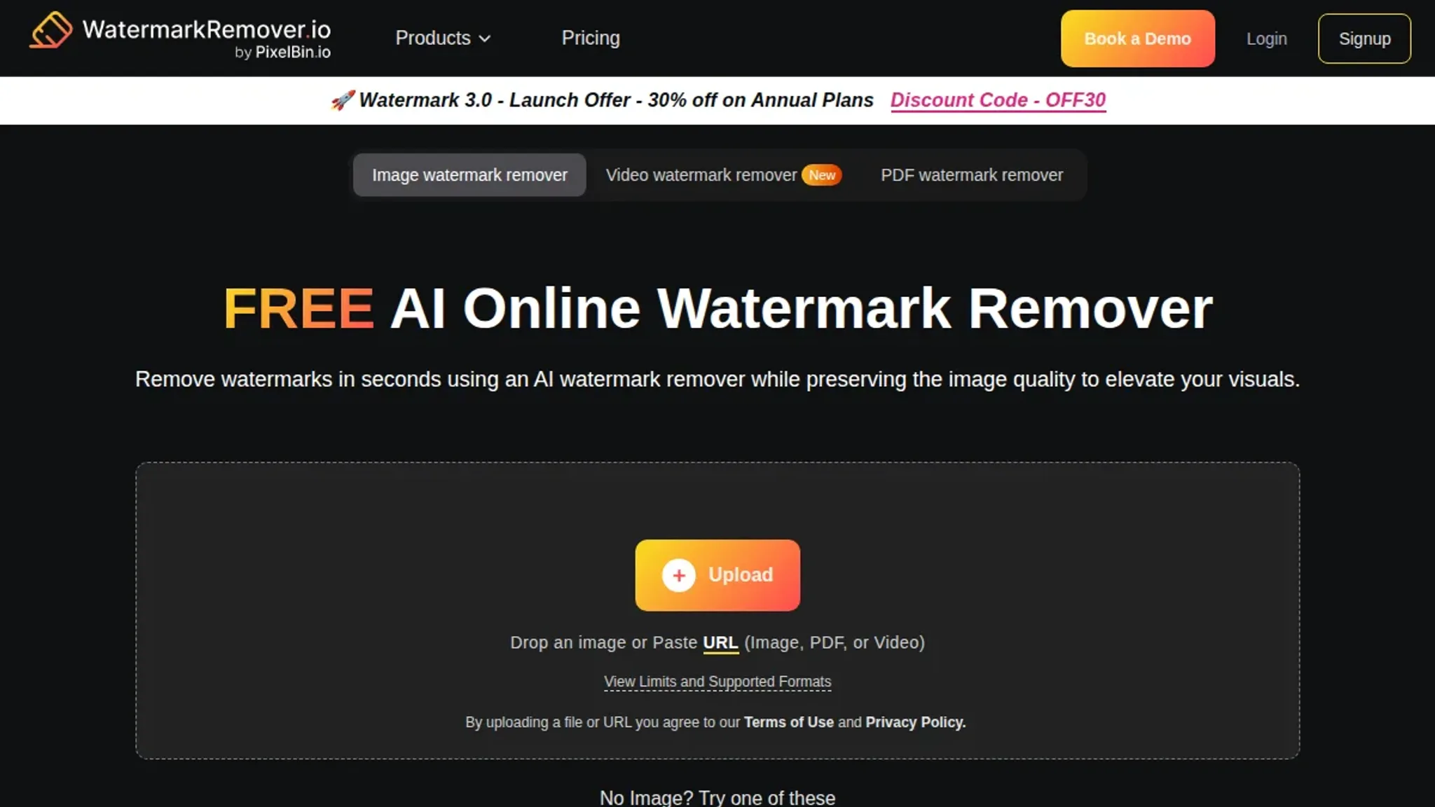 Screenshot of the Watermarkremover homepage, captured August 2026