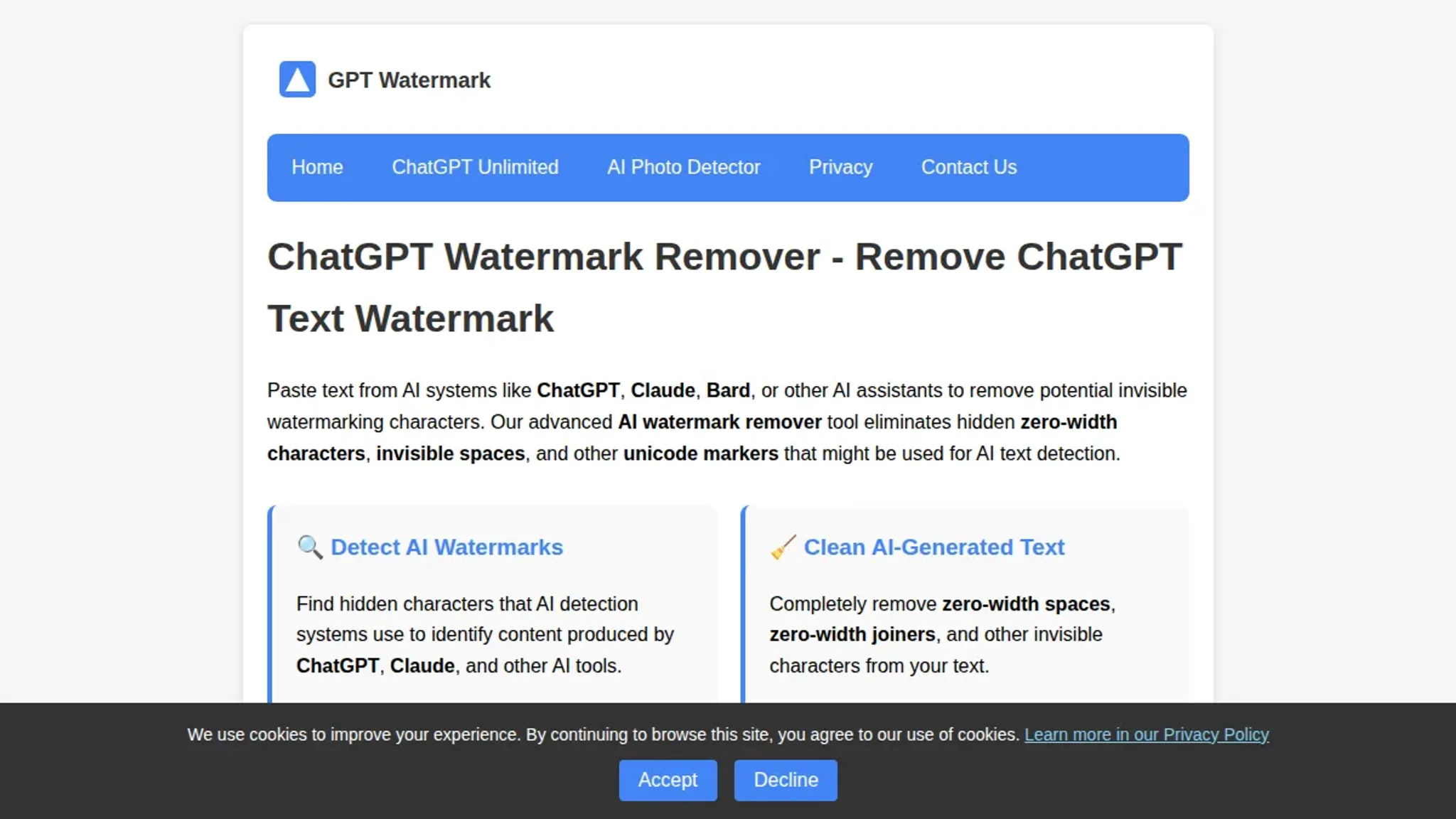 Screenshot of the ChatGPT Watermark Remover homepage, captured August 2026