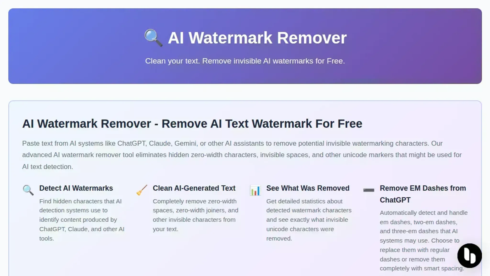 Screenshot of the AI Watermark Remover homepage, captured August 2026