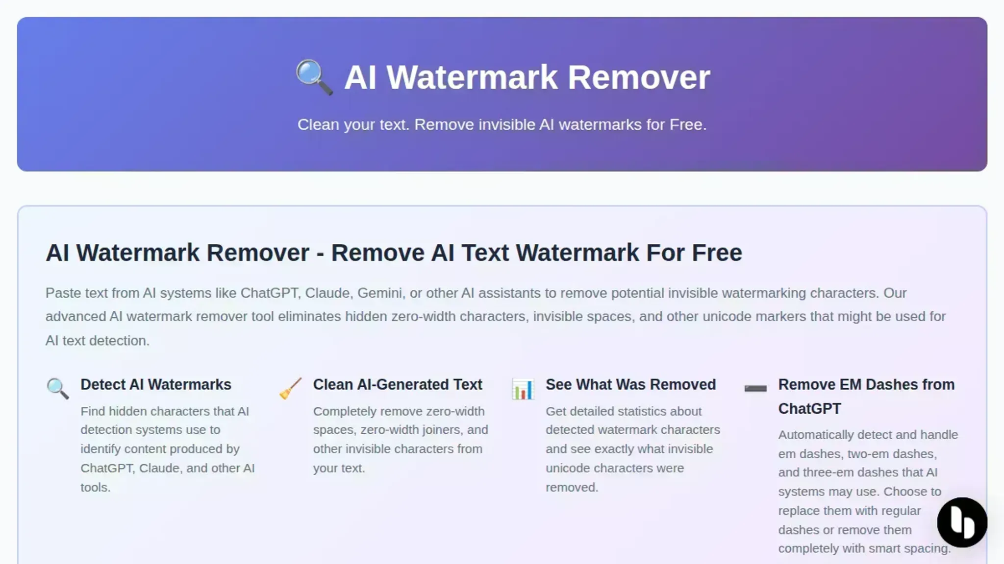 Screenshot of the AI Watermark Remover homepage, captured August 2026