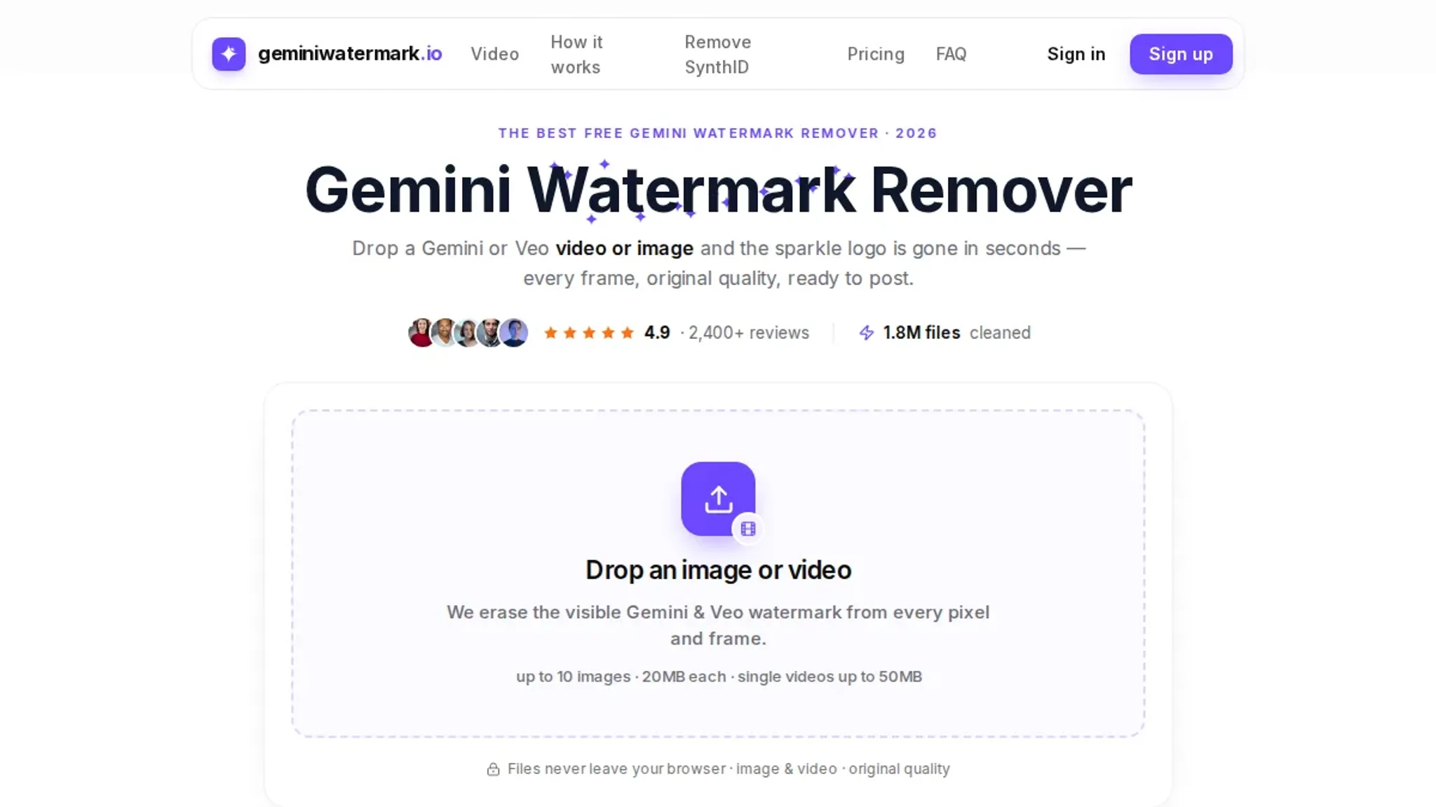 Screenshot of the Gemini Watermark Remover homepage, captured September 2026