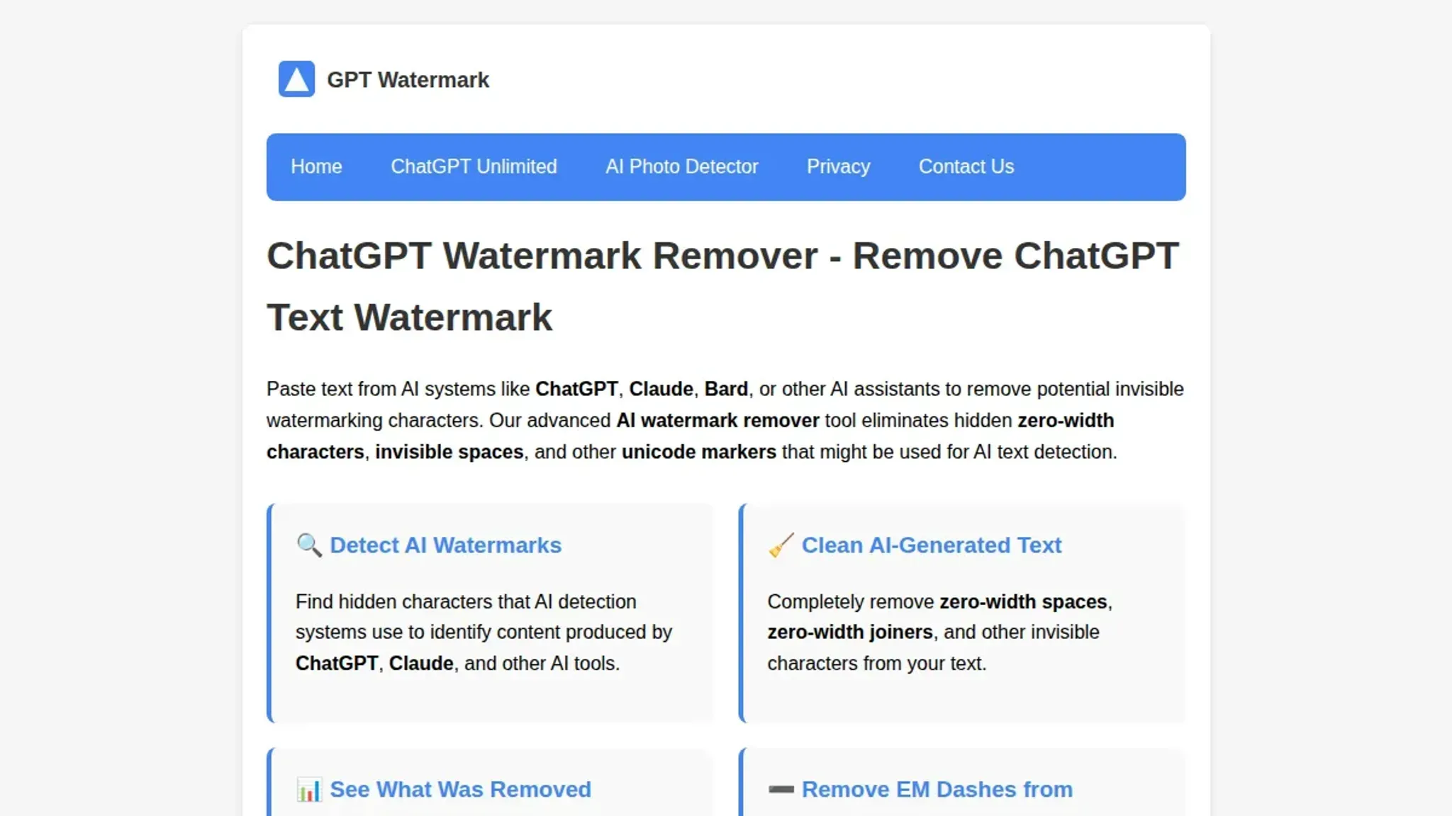 Screenshot of the Gptwatermark homepage, captured August 2026