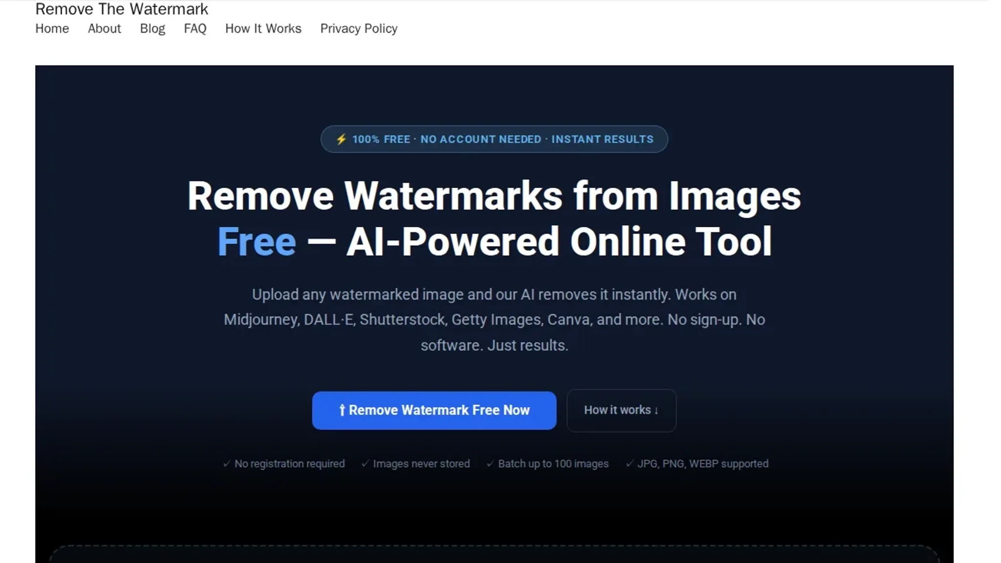 Screenshot of the Removethewatermark homepage, captured August 2026