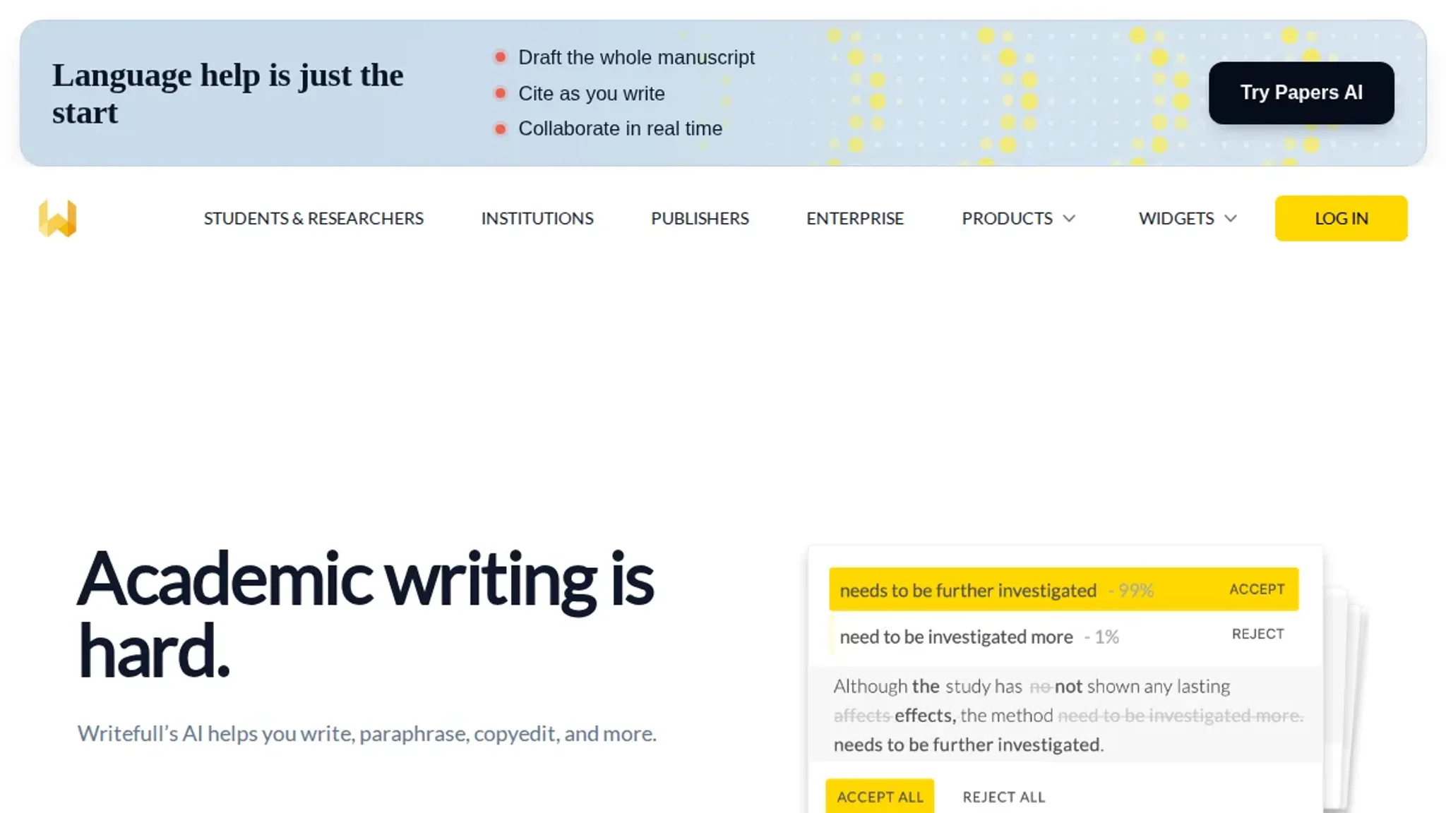 Screenshot of the Writefull homepage, captured September 2026