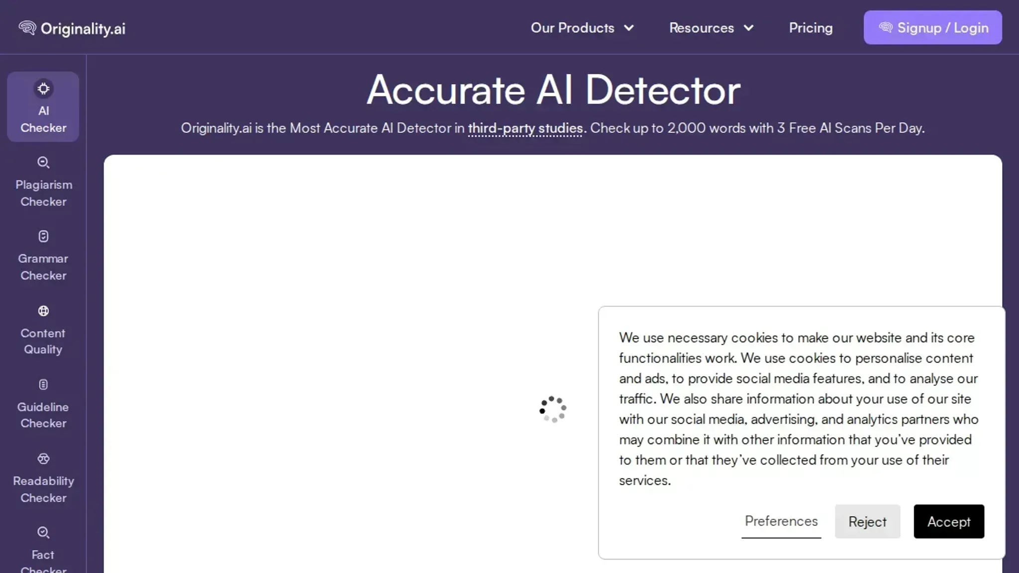 Screenshot of the Originality.ai homepage, captured August 2026