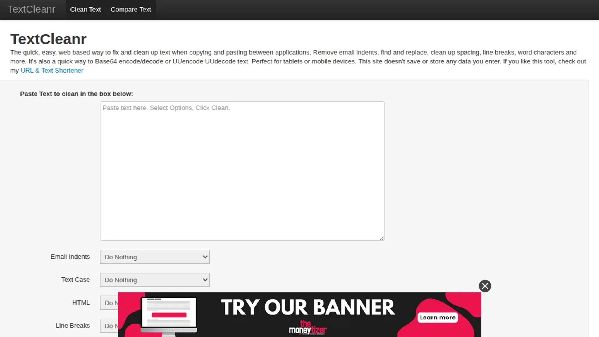 Screenshot of the Textcleanr homepage, captured October 2026