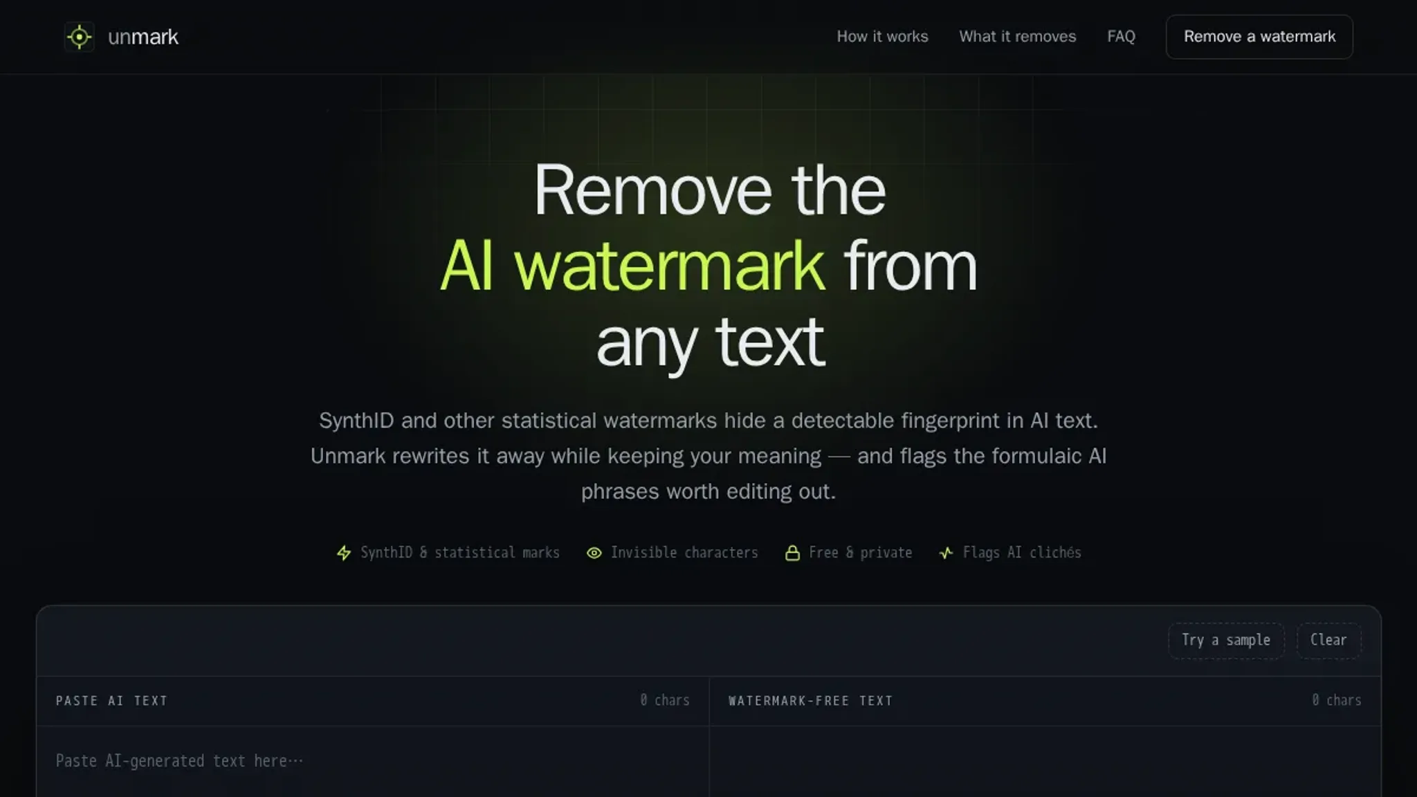 Screenshot of the **Unmark** homepage, captured October 2026