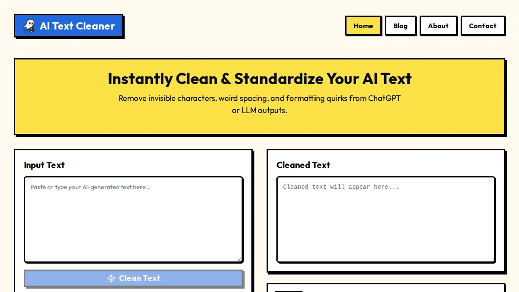 Screenshot of the AI Text Cleaner homepage, captured October 2026